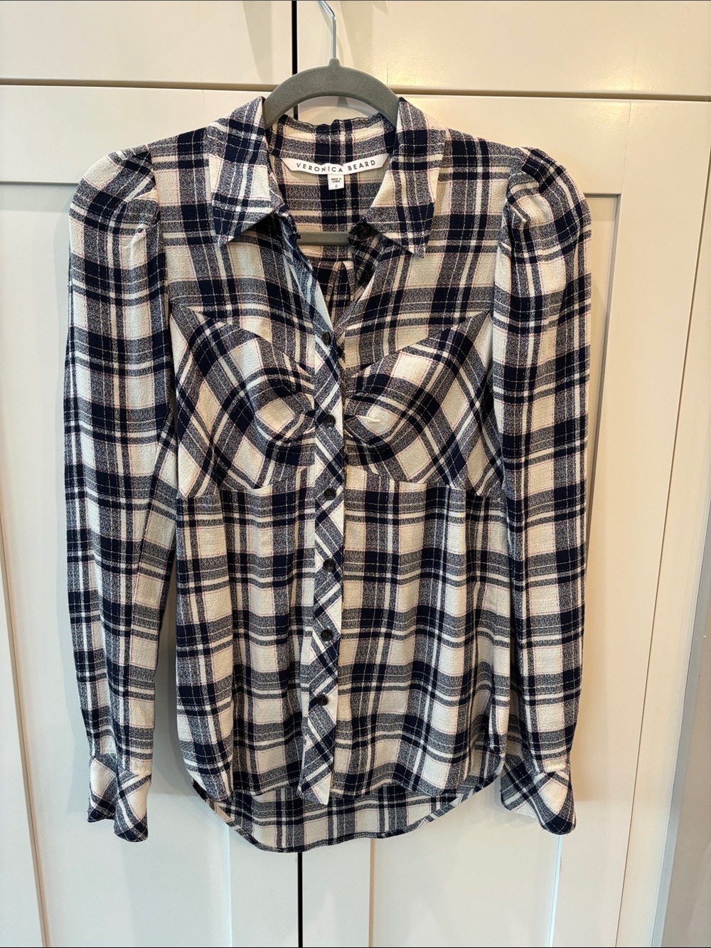 Veronica Beard Navy and White Plaid Button-Down Shirt